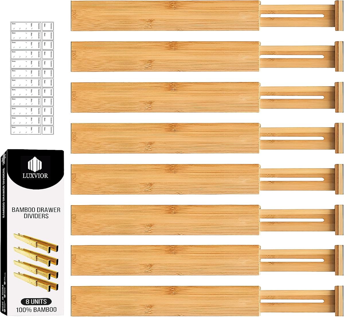 Expandable Bamboo Drawer Dividers 8 pack with labels(17"-22") Drawer Organizer for Kitchen, Clothes,Utensils,Silverware,Dresser,Office,Desk