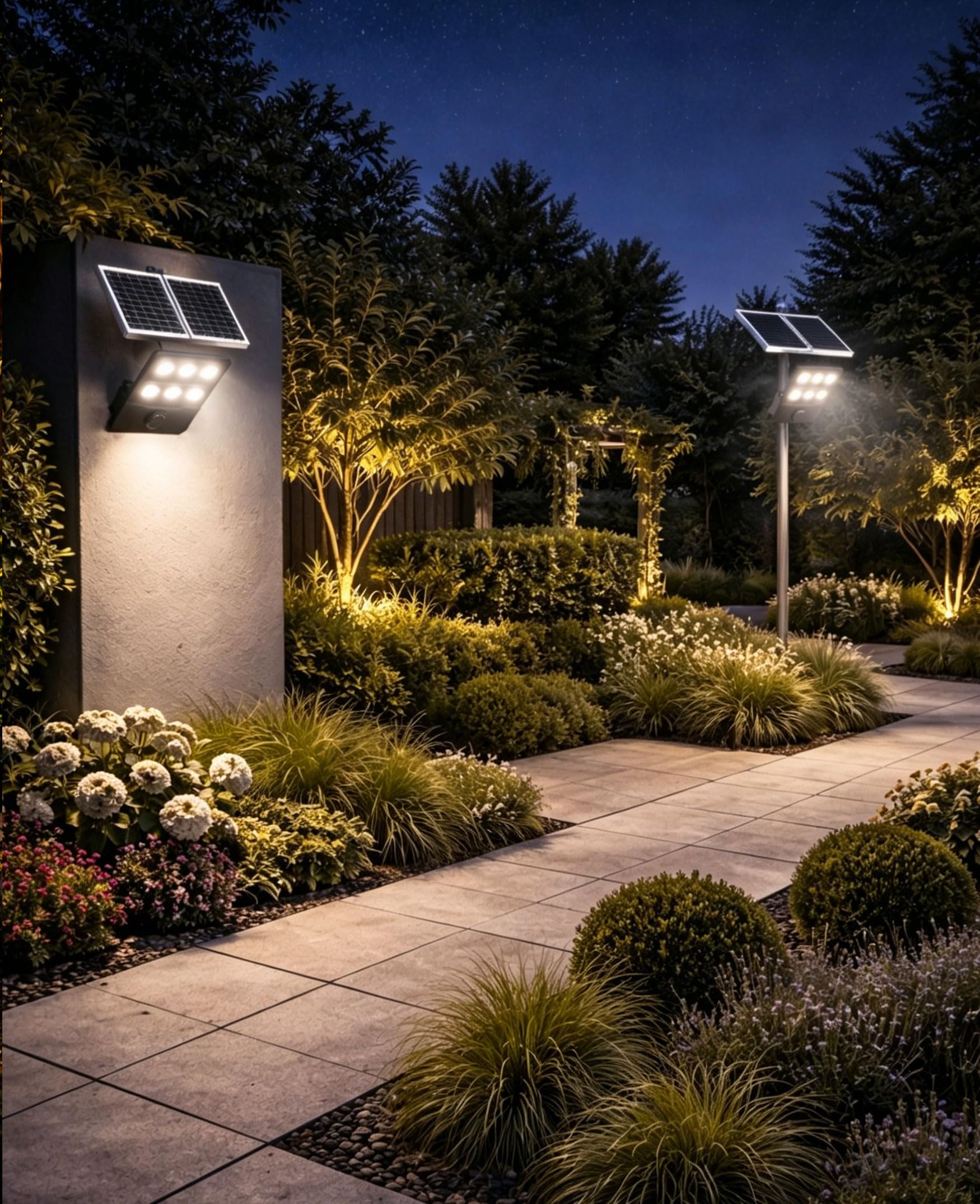 JAYNLT Solar Straßenlaterne für Außen, 3000K/4000K/6500K LED Solar Strahler mit Bewegungsmelder und Fernbedienung, IP67 Solarlampe Flutlicht für Garten Garage Hof Parkplatz, 1 Set