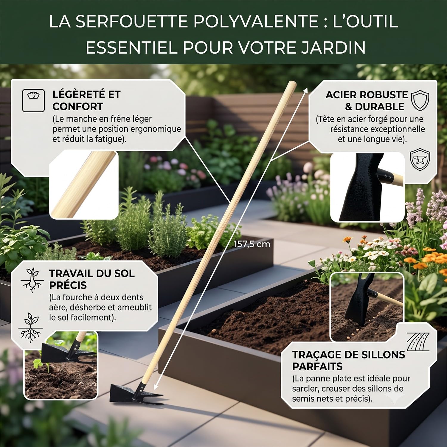 Mon Mobilier Design OGROD Lot d'outils de Jardinage Pelle bêche + râteau + serfouette Panne et Fourche