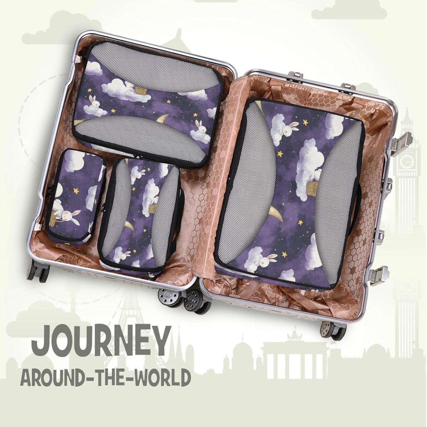 Purple Clouds Rabbits Moon 4 Pcs set organizer bags set Mesh Travel Essentials expandable packing cubes
