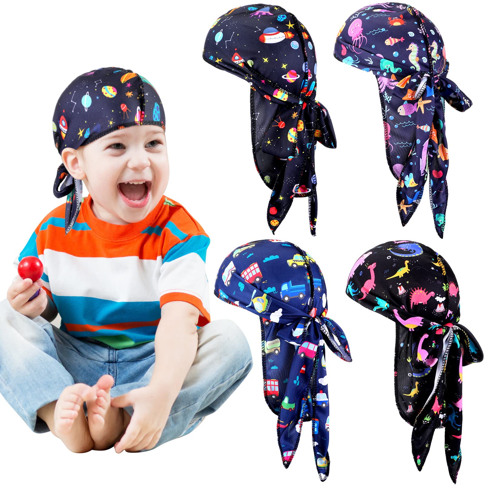 4 Pcs Baby Silky Satin Durags Kids Satin Durags Dinosaur Outer Space Car Animals Headwraps with Long Tail for Baby Toddler Boys Girls Infant
