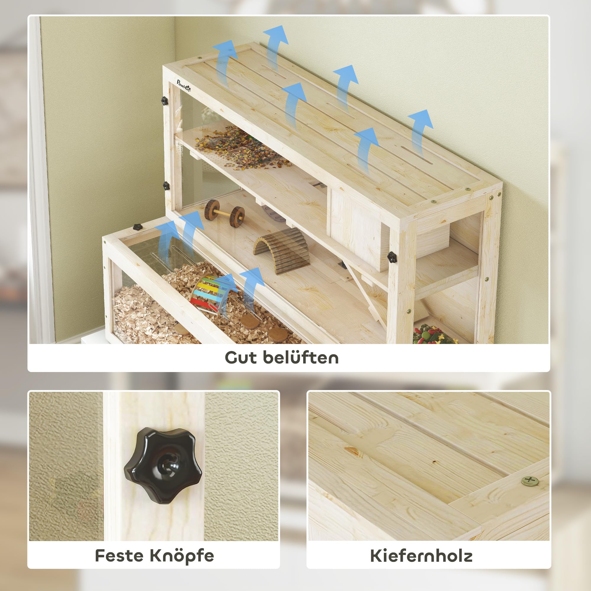 PawHut Hamsterkäfig aus Holz 100 x 50 x 84 cm Nagerkäfig 3 Etagen Kleintierkäfig mit Sichtfenster, Laufrad, Rampe, Häuschen, Mäusekäfig Käfig für Zwerghamster Naturholz