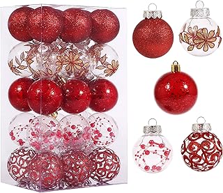 60mm/2.36inch Clear Christmas Ball Ornaments Set, 30ct Red Christmas Ornaments Balls for Christmas Tree Decorations Shatterproof Transparent Baubles with Delicate Stuffed Decoration for Wedding Party