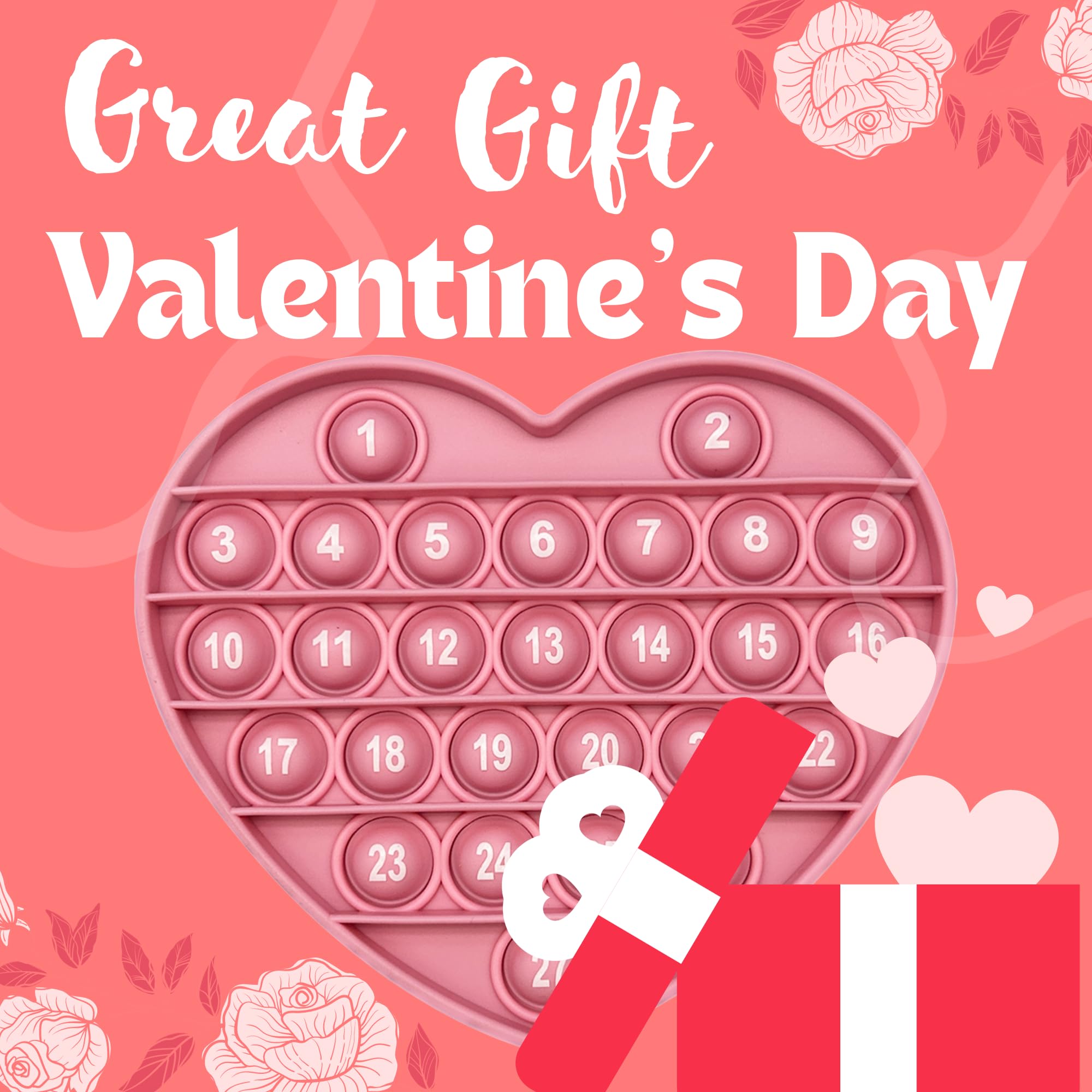 unitedessentialgoods Pink Heart Shaped Pop Bubble Valentines Fidget Toy with Letters and Numbers, Xmas Gift Sensory Toy with Alphabets Kids Birthday Party Classroom Prize Stress Reliever 6