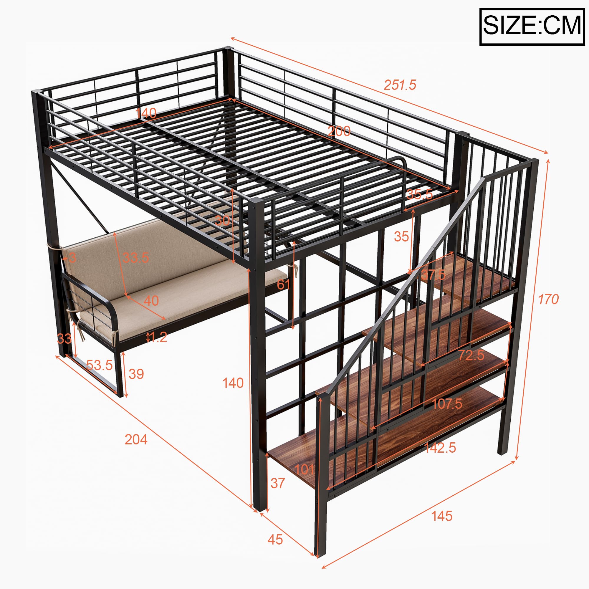 Cama altillo 140x200, litera doble de hierro con sofá cama extraíble, espacio de almacenamiento y escalera de seguridad, cama entrepiso de 2 plazas para familias numerosas