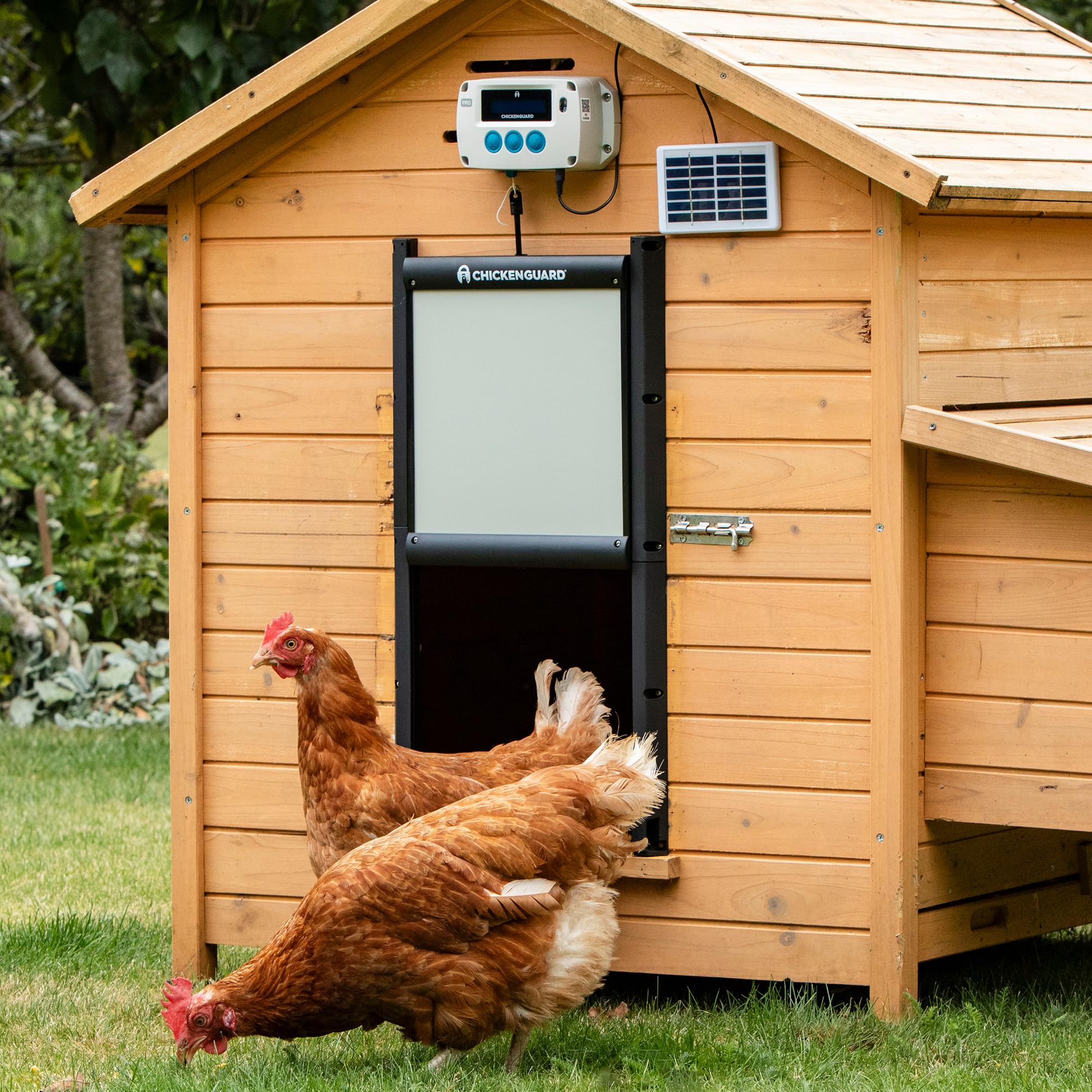 Automatyczne otwieranie drzwi kurnika, timer/czujnik światła ChickenGuard "PRO Solar Combi", zestaw paneli słonecznych w zestawie oraz samoblokujące się drzwi aluminiowe przeciw drapieżnikom