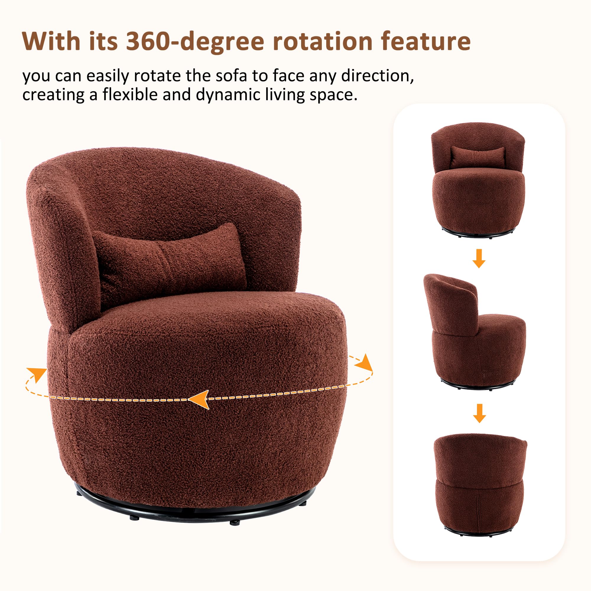 Sillón giratorio moderno con marco de metal de tela de peluche para sala de estar, dormitorio, oficina, color marrón