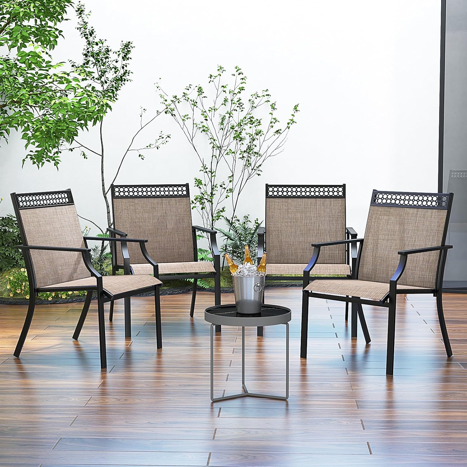 Giantex Patio Chairs Set of 2, Outdoor Chairs with All Weather Fabric, High Backrest, Armrests, Heavy Duty Metal Armchair, Outside Dining Chairs for Porch Lawn Garden Yard Pool (Light Brown & Black)