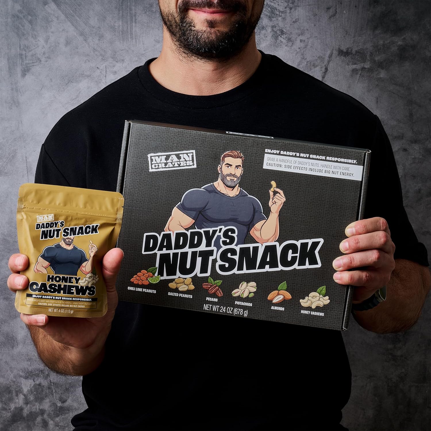 Man Crates Daddy’s Nut Snack Variety, Gourmet Mixed Nuts Gift Basket, Funny Birthday Gift for Dad, Husband, or Boyfriend - Unique Healthy Snack Gift with Almonds, Pistachios, Cashews, Pecans & Peanuts