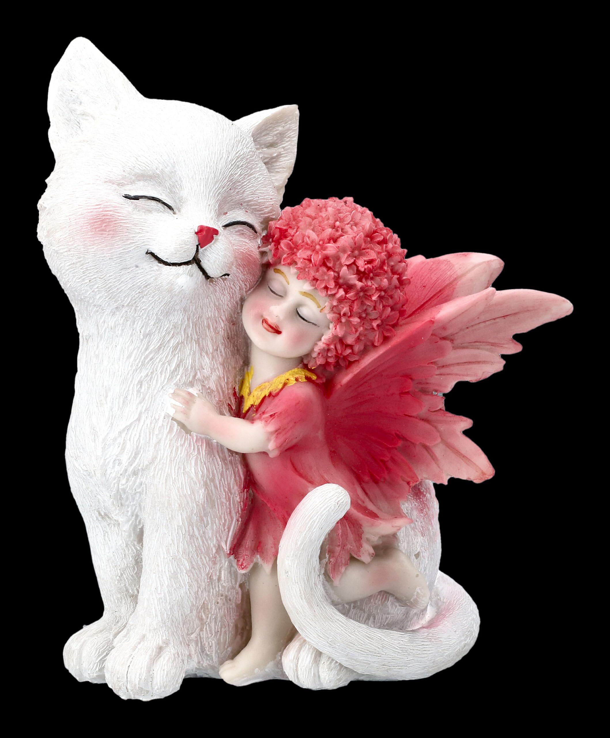 Figuren Shop Figuras de hadas y gatos de flores, juego de 2 unidades, 14 cm, poliresina pintada a mano, gato blanco con elfo rosa, gato negro con hada naranja