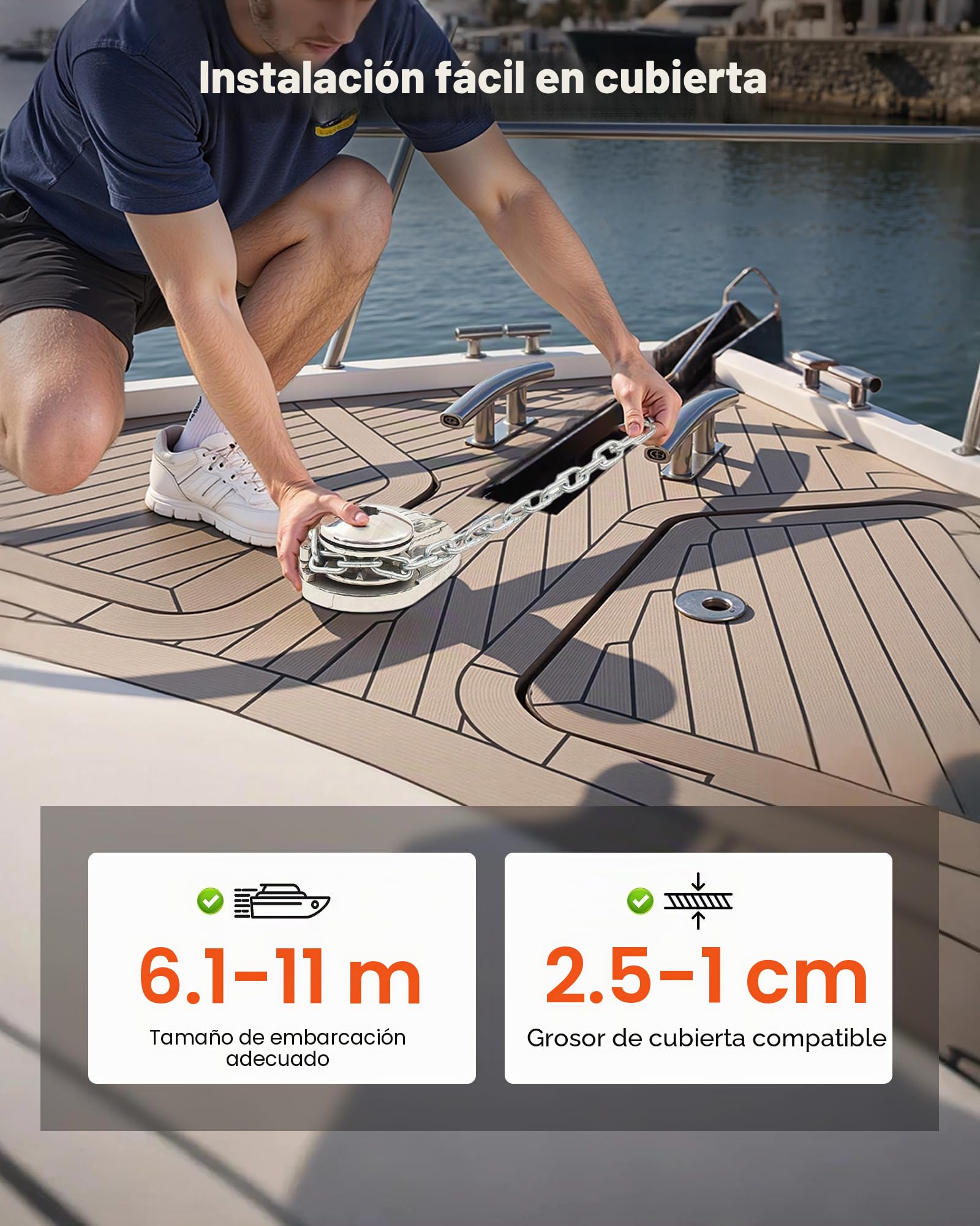 VEVOR Molinete de Ancla Eléctrico, 12 V CC, para Barco de 6 a 11 m, Tracción Máxima de 320 kg, 600 W, Compatible con Cadena de 6,35 mm o Cuerda de Nailon de 14 y 16 mm, Acero Inoxidable 316
