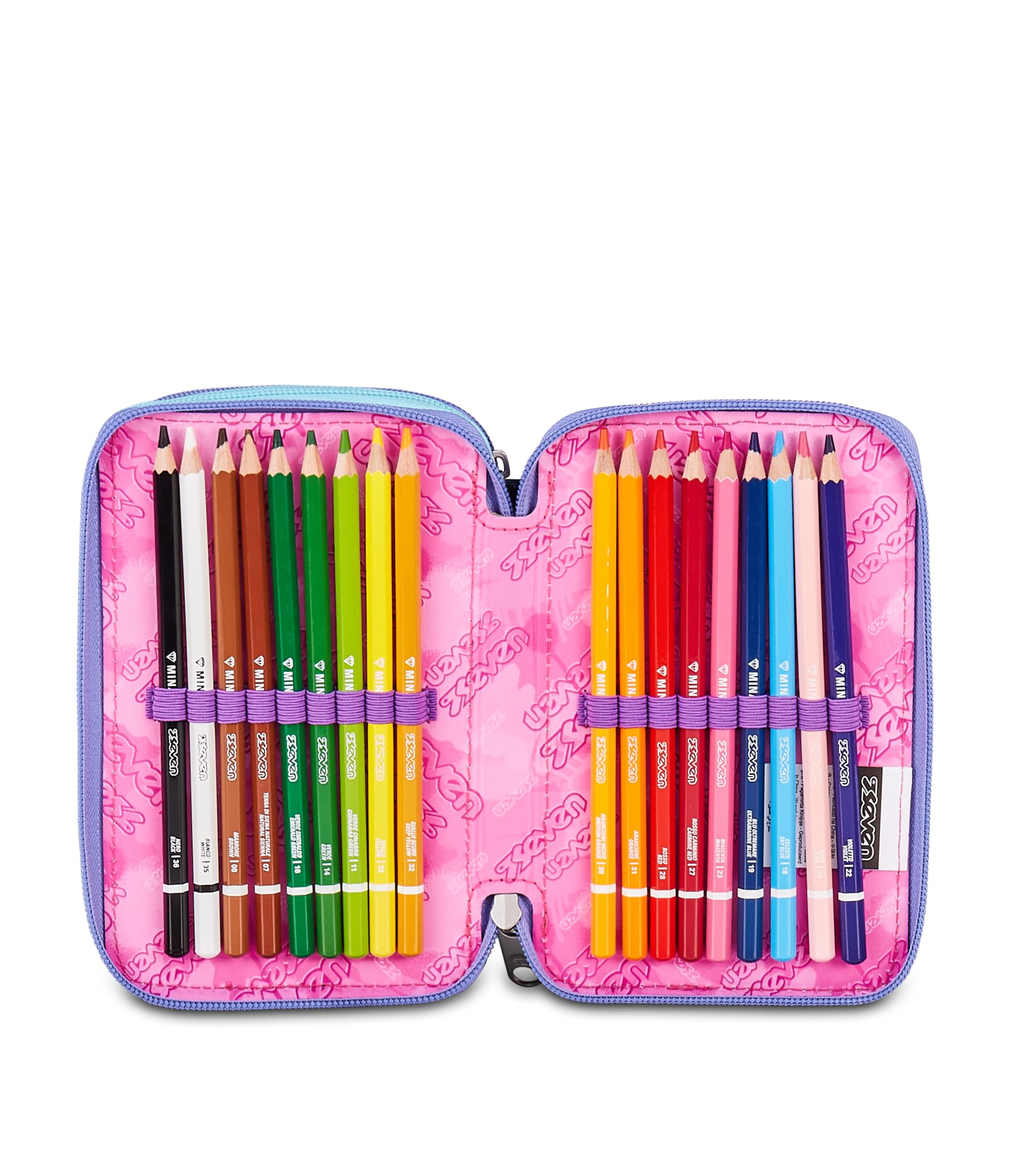 Seven Electrivibe Girl - Estuche Escolar con 3 Cremalleras, Color Rosa, Soporte para bolígrafos, Triple Compartimento, 45 Piezas, Completo con bolígrafos, lápices y Colores, Mochila de Accesorios