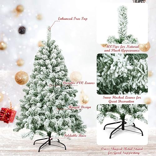 Miniatura 8 de COSTWAY Árbol de Navidad artificial flocado de nieve de 4.5 pies con bisagras con 400 puntas y base plegable