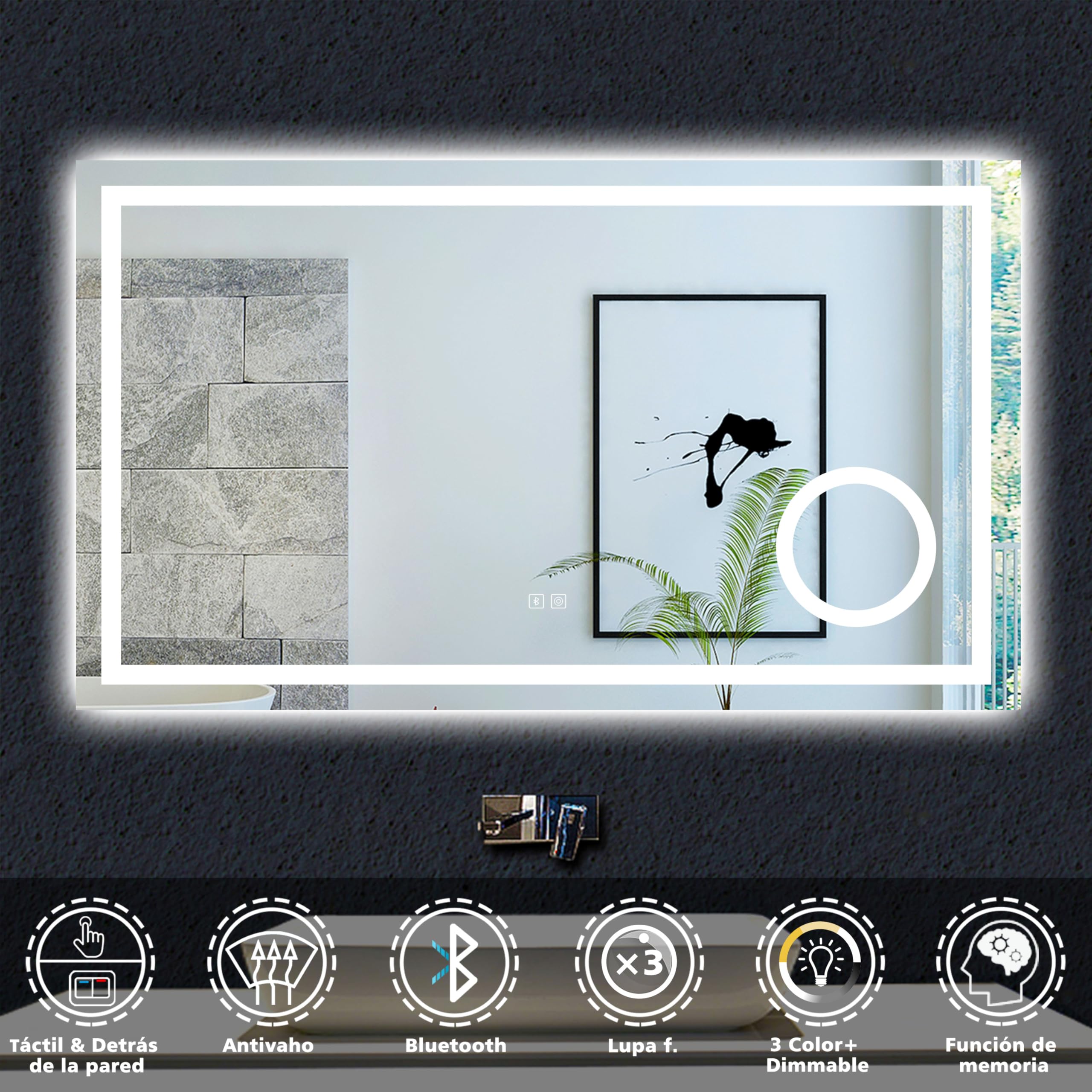 Aica Sanitaer Espejo de baño LED 160 x 80cm con Bluetooth, 3 aumentos, Tres Colores de luz Regulables 3000/4500/6000k, antivaho