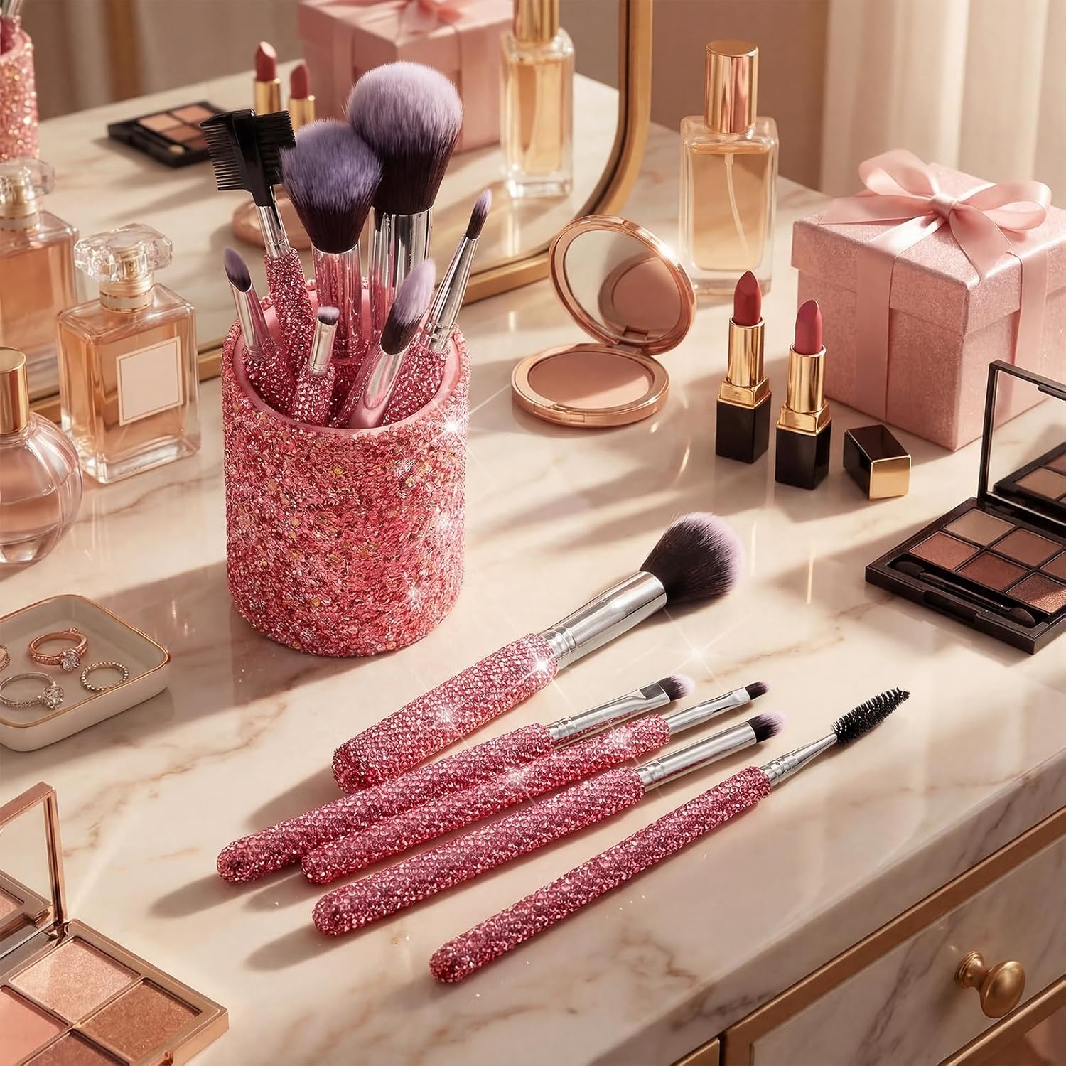 Nuogo Pink 13 Pcs Rhinestone Makeup Brushes Set 12 Bling Crystal Professional Face Cosmetics Blending Liquid Foundation Powder Concealer Eye Shadows Make up Beauty Tool Glitter with 1 Holder