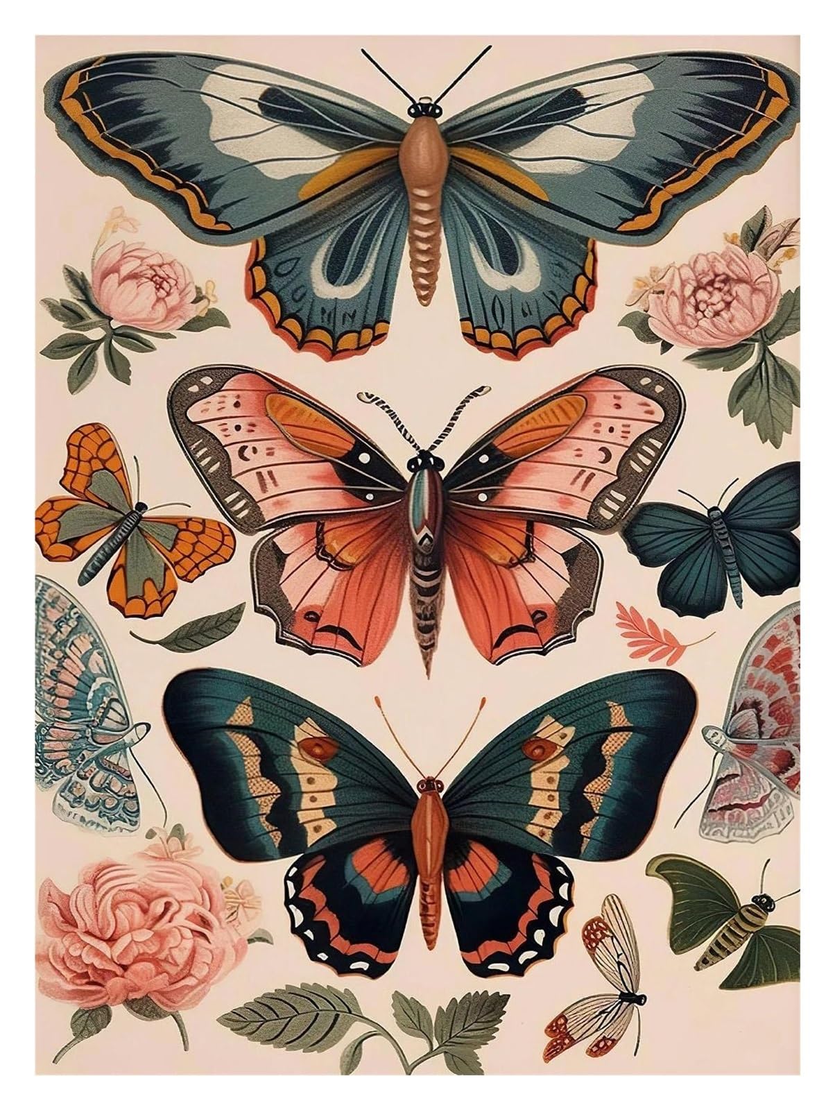 Xenite I Wall Art Canvas Prints Boho Floral Dark Academia Blue Moth Black Butterfly Poster Prints Canvas Painting Botanical Wall Art Pictures Home Decoration(,30X40cm)