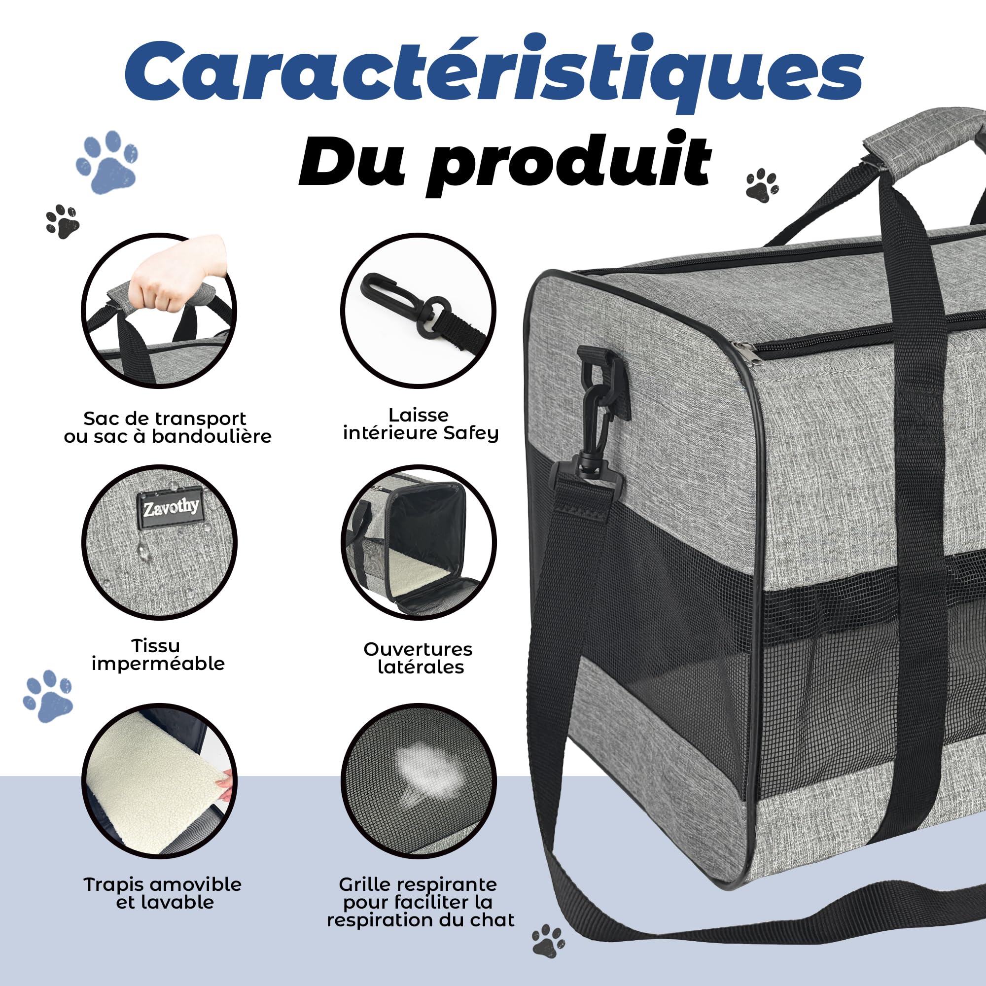 Zavothy Transporttasche für Katzen und Hunde, Transporttasche, atmungsaktiv und faltbar, Transportbox für Katzen mit verstellbarem Schultergurt, Abnehmbare Plüschmatratze (Grau, L)