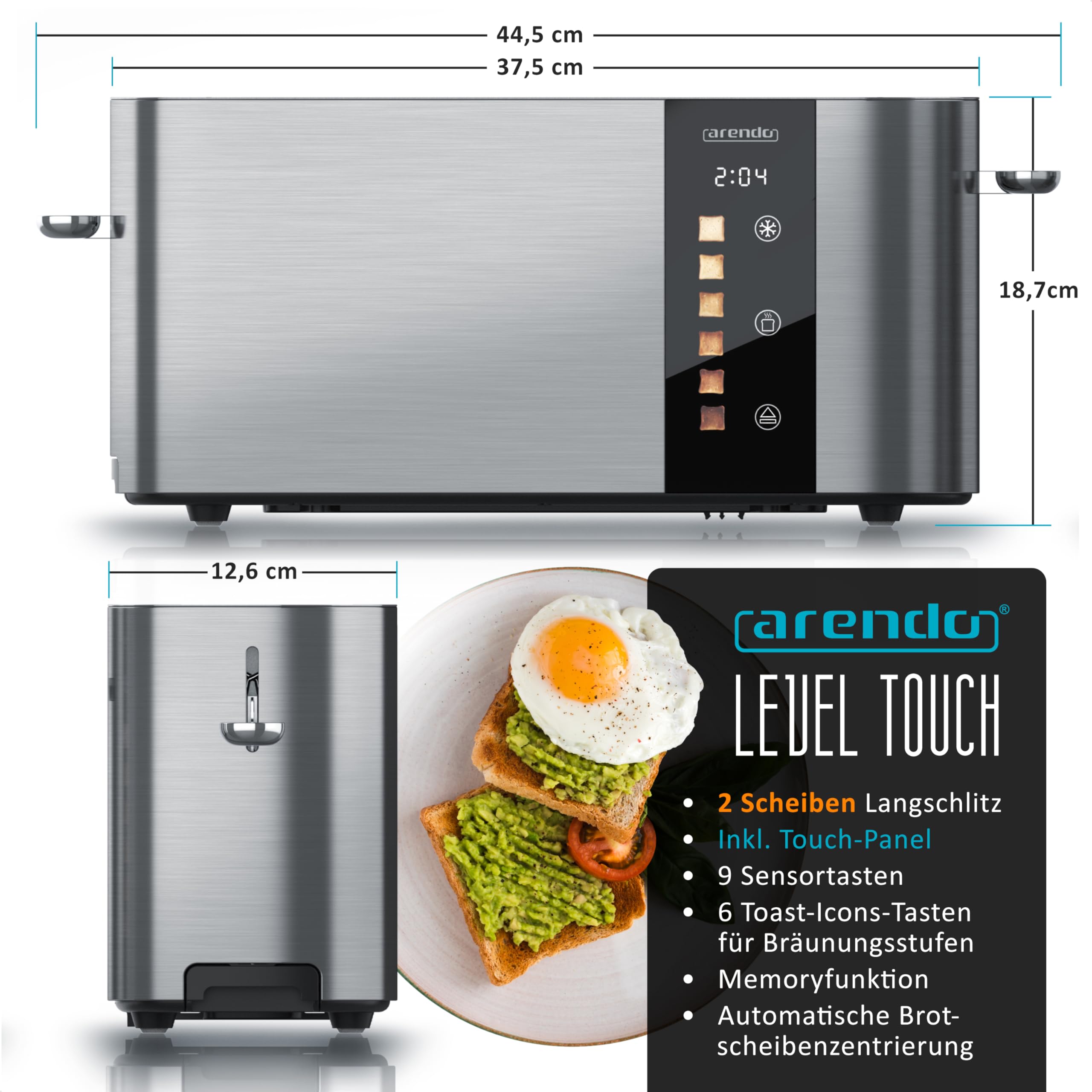 Arendo - Edelstahl Toaster 2 Scheiben Langschlitz - Touchscreen – Doppelwandgehäuse – Integrierter Brötchenaufsatz – 6 Bräunungsgrade – Brotzentrierung – Restzeitanzeige – Memoryfunktion - Silber