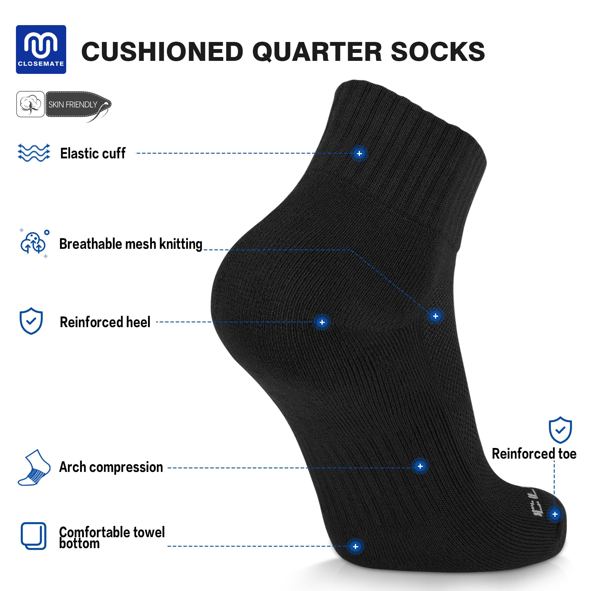 Closemate 6 Paia Calzini Corti Uomo Calze Basse Quarter da Sportive Anti-Vescica Calze Corsa da Cotone con Suola Imbottita Donna Calzini Spugna Caviglia da Ciclismo Lavoro Running Trekking