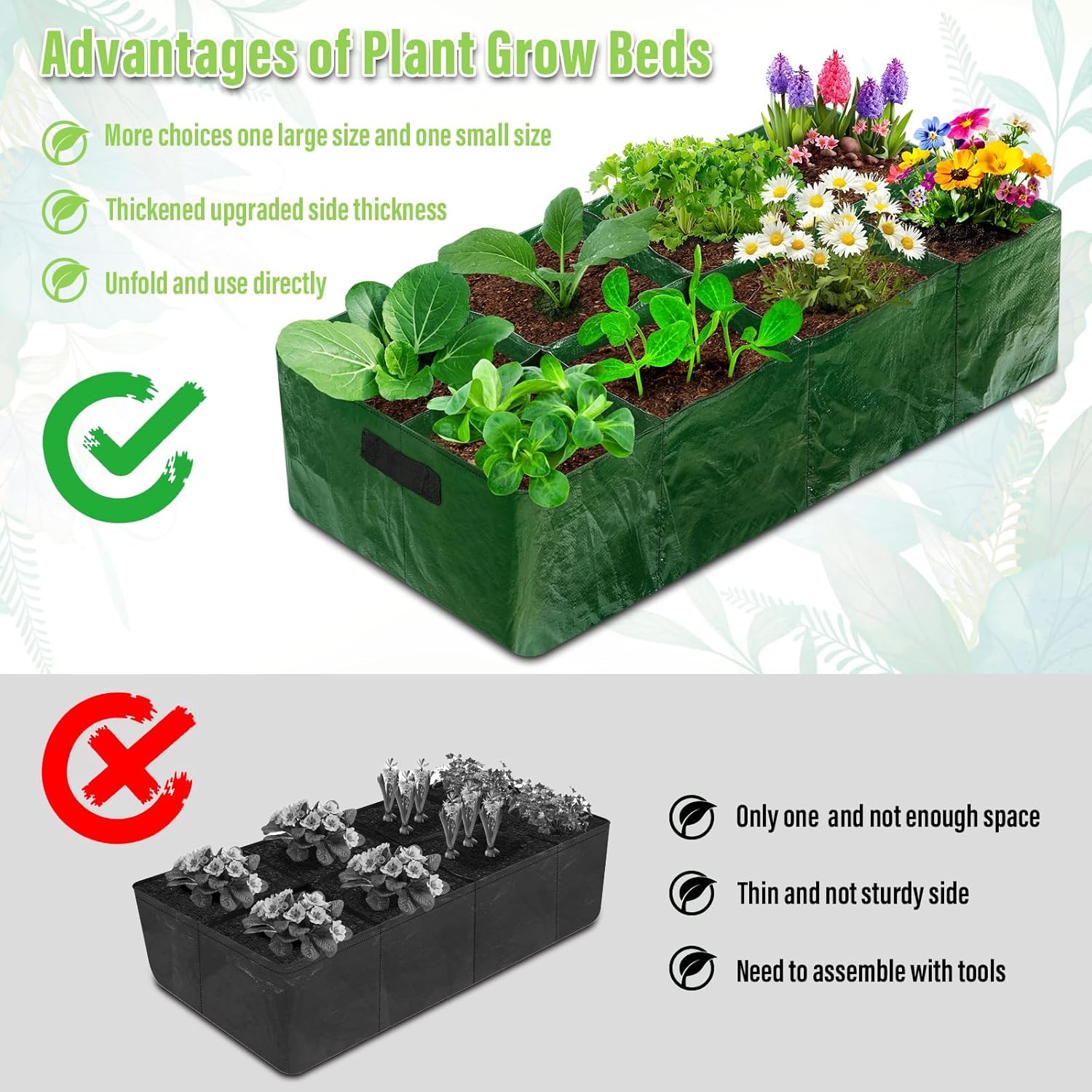 Fabric Raised Garden Bed, 2 Pack 8 Grids and 4 Grids, 128 Gallon Rectangle Grow Bags with Drainage Holes, Breathable PE Planting Containers for Outdoor Vegetables Fruits Flowers