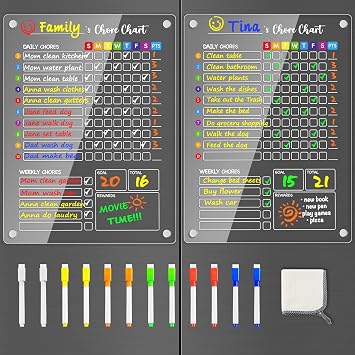 PigPotParty Acrylic Magnetic Chore Chart for Kids, Large 12x16 Inch, 2 Pack
