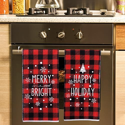 Miniatura 6 de Toallas de cocina de Navidad a cuadros rojos y negros, toallas de mano decorativas de feliz Navidad, toalla de cocina de cascabeles para fiestas,