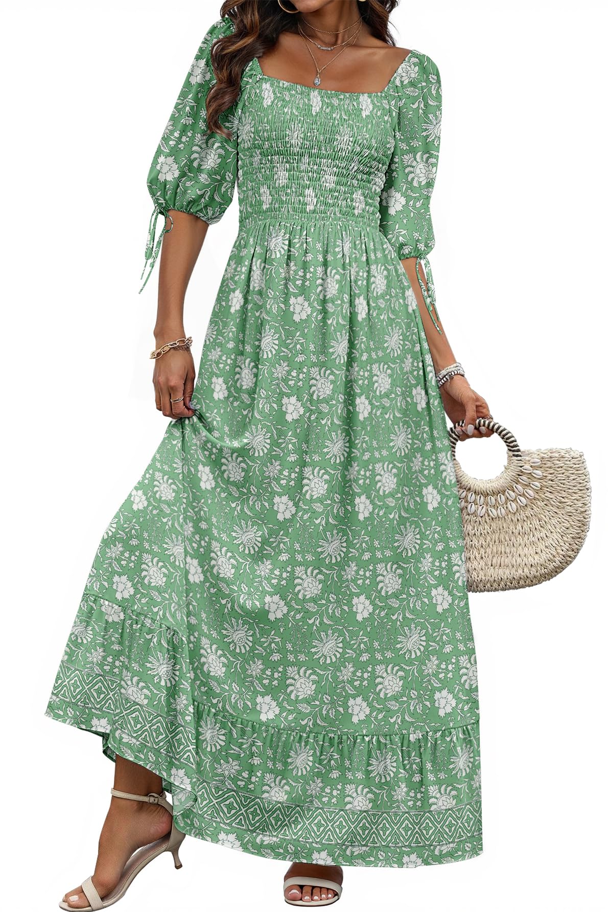 Women Boho Maxi Dresses Summer 2026 Puff Sleeve Square Neck Smocked Aline Casual Ruffle Tiered Flowy Beach Long Dress Pocket