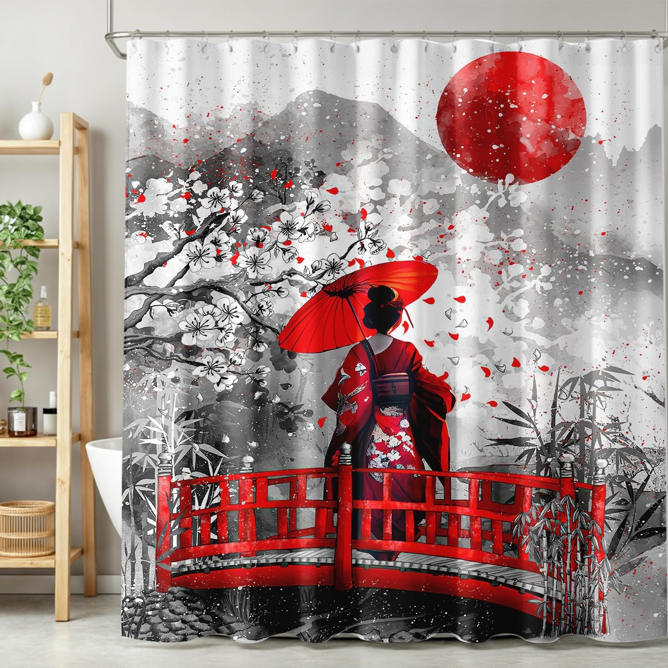 Asian Shower Curtain,Japanese Geisha Girl with Cherry Blossoms Traditional Kimono Folk Shower Curtains Set for Bathroom Fabric Decorative Bath Curtain Washable Curtain Hooks, 72x72inch