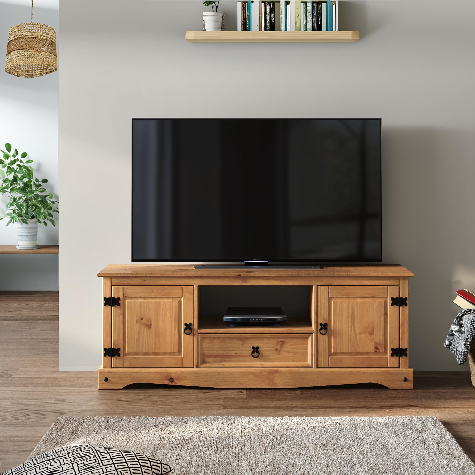 Corona Solid Wood Pine TV Unit 1 Drawer 2 Door Widescreen Wooden Televsion Entertainment Media Stand Console Storage Living Room Bedroom Lounge Mexican Style 52cm High 140cm Wide 35cm Deep