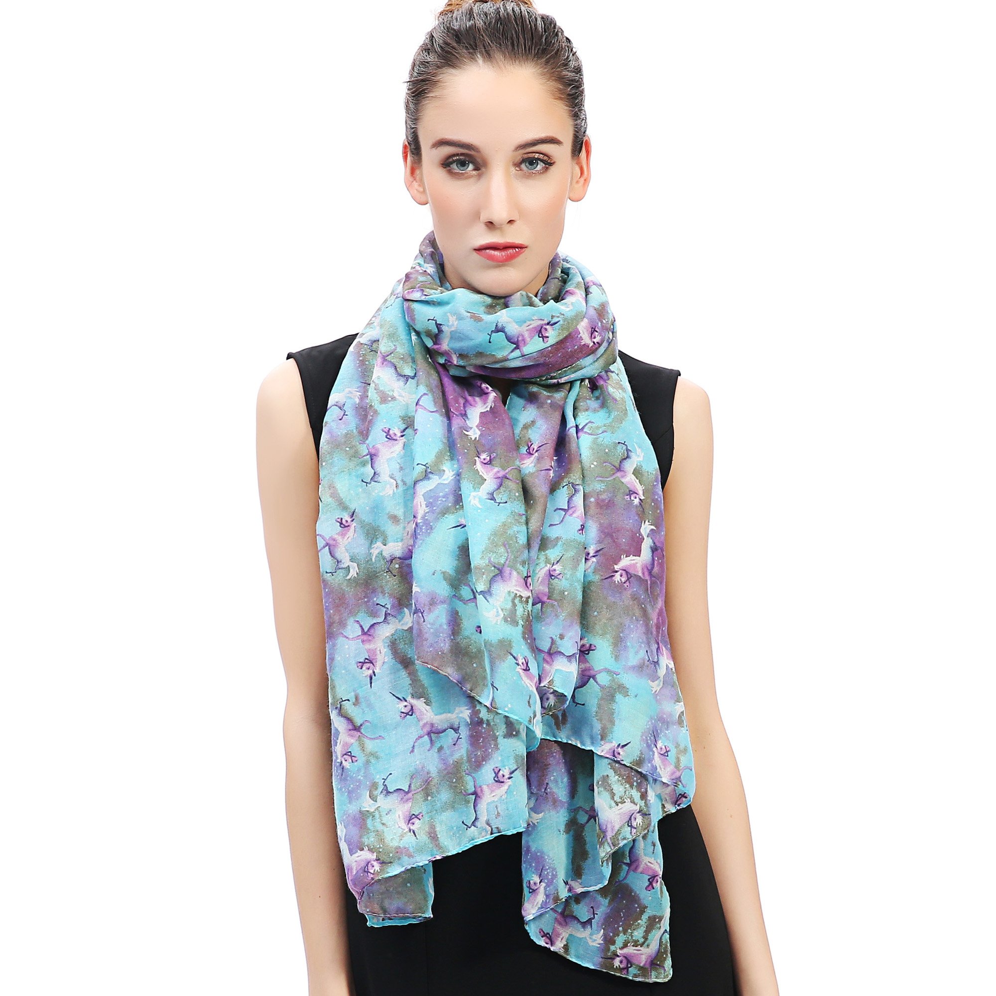 Lina & Lily Unicorn Galaxy Print Women's Scarf Shawl Wrap Lightweight (Blue & Purple)