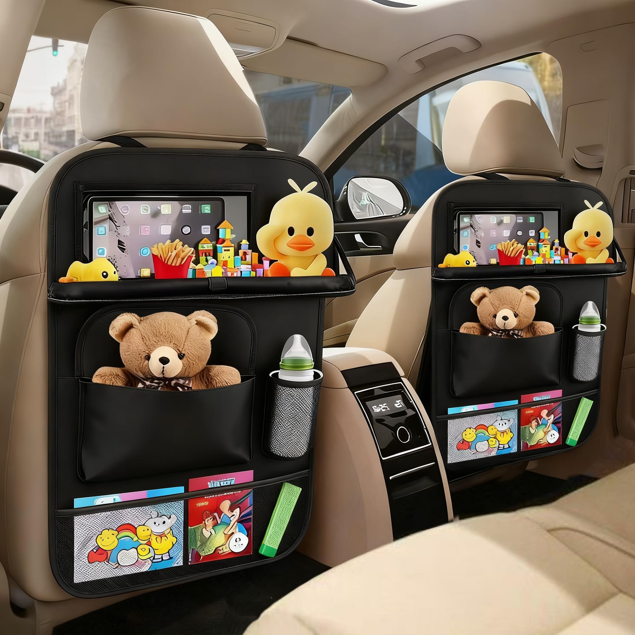 Confezione da 2 organizer per sedile auto con tavolo da pranzo pieghevole e rete centrale per riporre oggetti, organizer multi-tasca per sedile posteriore per giocattoli, snack, oggetti
