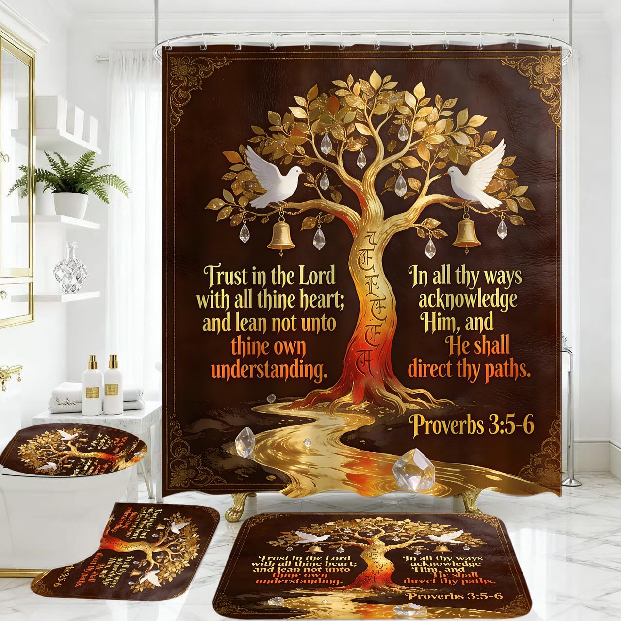 4 Piece Inspirational Quotes Shower Curtain Set with Rugs, Golden Tree & White Doves Bathroom Decor, Waterproof Fabric Bath Curtain with Non-Slip Bath Mat, U-Shape Rug & Toilet Lid Cover