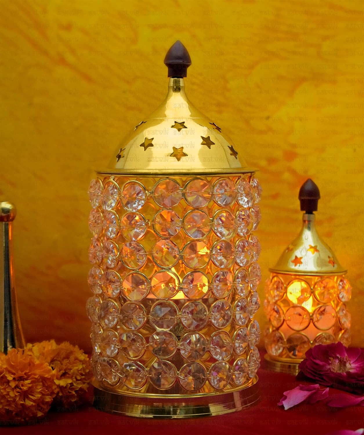 SATVIK 8 Inch Akhand Jyoti Diya with Premium Stones for Diwali Pooja. Decorative Brass Oil Lamp Whole Night Dia for Deepawali Decoration. Outdoor Mandir Decoration Housewarming Return Gift