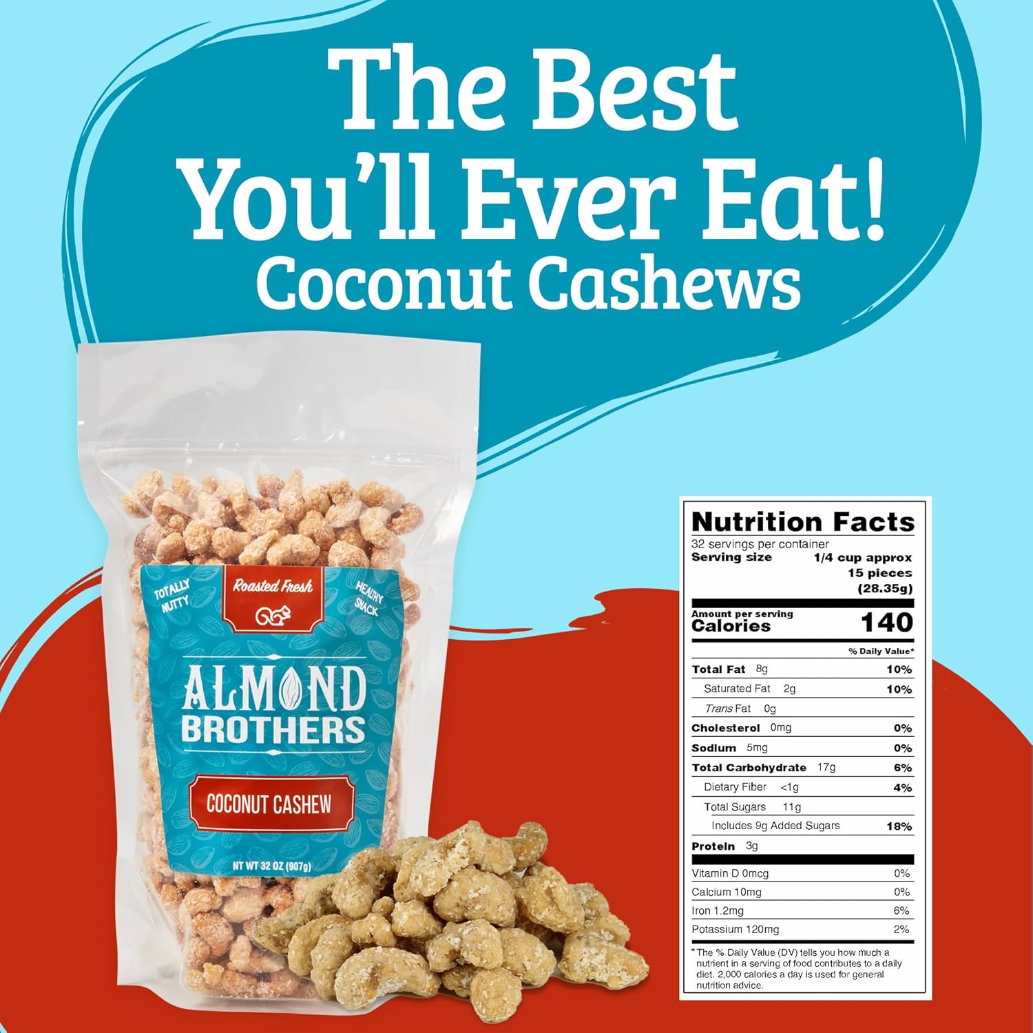 Almond Brothers Roasted Cashews - 2 lb Bag - Hand Crafted Candied Coconut Cashews, Gluten-Free, Non-GMO