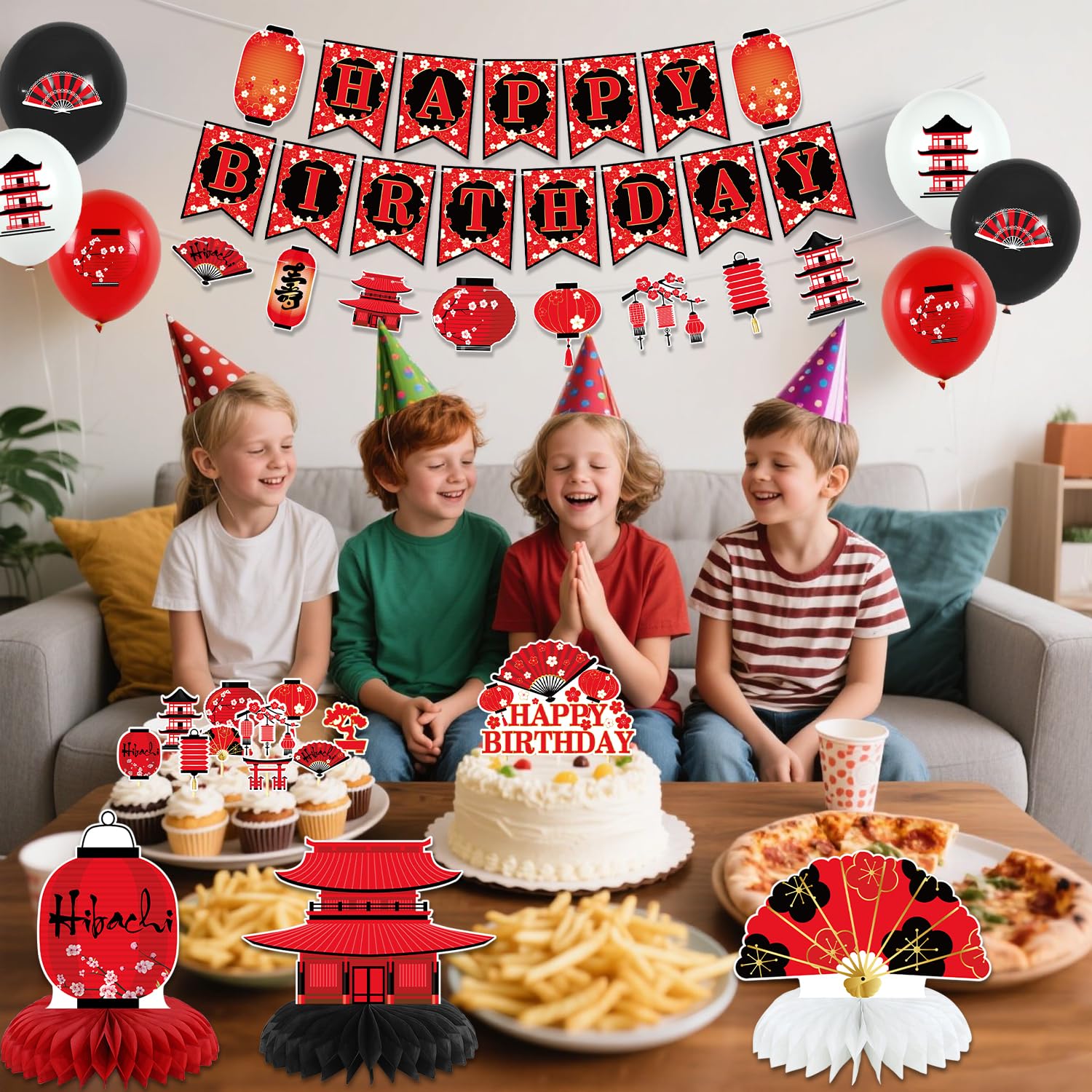 Decorazioni per feste Hibachi, forniture per feste di compleanno giapponesi Hibachi includono striscione di buon compleanno, decorazioni per torte, centrotavola a nido d'ape, tovaglia e palloncini per