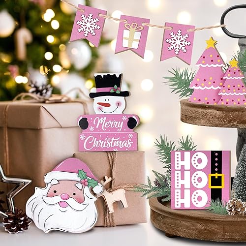 Miniatura 2 de Decoración de bandeja escalonada de Navidad rosa, decoraciones de bandeja de granja, árbol de Navidad, muñeco de nieve, copo de nieve, letreros de
