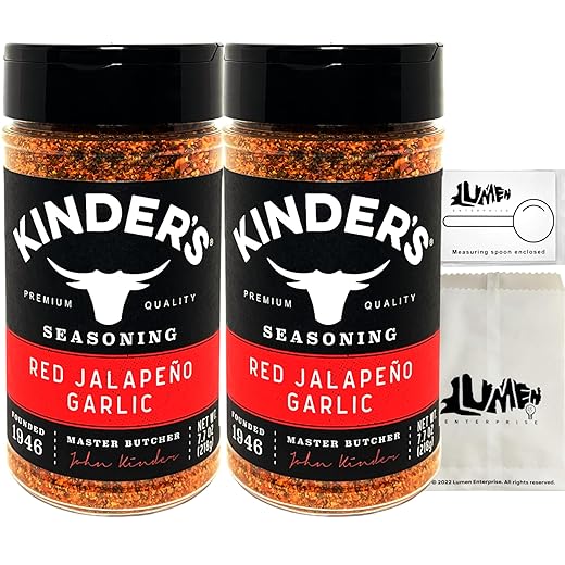 Kinders Red Jalapeno Garlic Seasoning (7.7 oz) 2 Pack Bundle with 1 TSP measuring spoon in Lumen Enterprise Packaging - Premium Quality Red Jalapeno Garlic Seasoning (7.7 oz) (2 Pack Red Jalapeno Garlic)