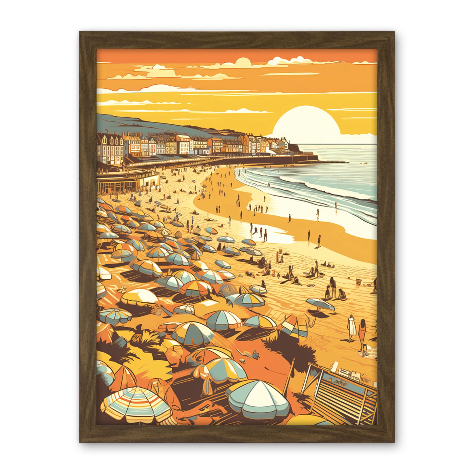 Artery8 Summer Sunset at Busy Sandy Promenade Beach Artwork Framed Wall Art Print 18X24 Inch