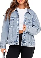 Glamaker Women's Oversized Denim Jean Jacket - Casual Long Sleeve Button Down Fall Coat