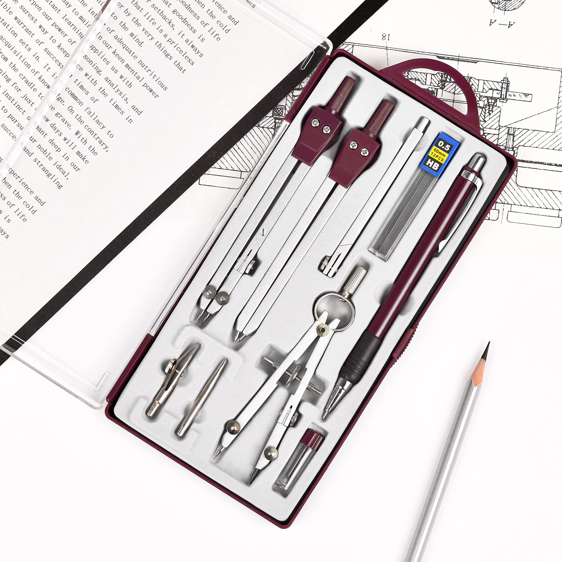 Juego de geometría - Brújula de metal y herramientas de dibujo, instrumentos de precisión para estudiantes e ingenieros, incluye caja de almacenamiento inastillable, ideal para dibujo circular y