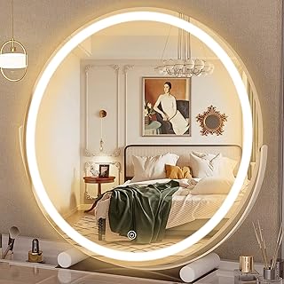 Hasipu Vanity Mirror with Lights, 18" LED Lighted Smart Touch Control 3 Colors Dimmable Round Mirror 360°Rotation White