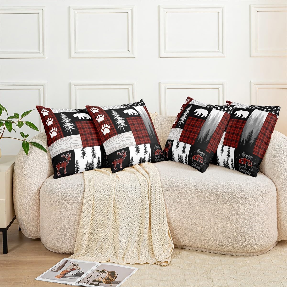 Erosebridal Buffalo Plaid Check Throw Pillow Covers 24x24 Inch Set of 2,Bear Elk Deer Wild Animal Cushion Covers,Retro Black Red Christmas Pillow Covers,Woodland Camping Decorative Pillow Covers