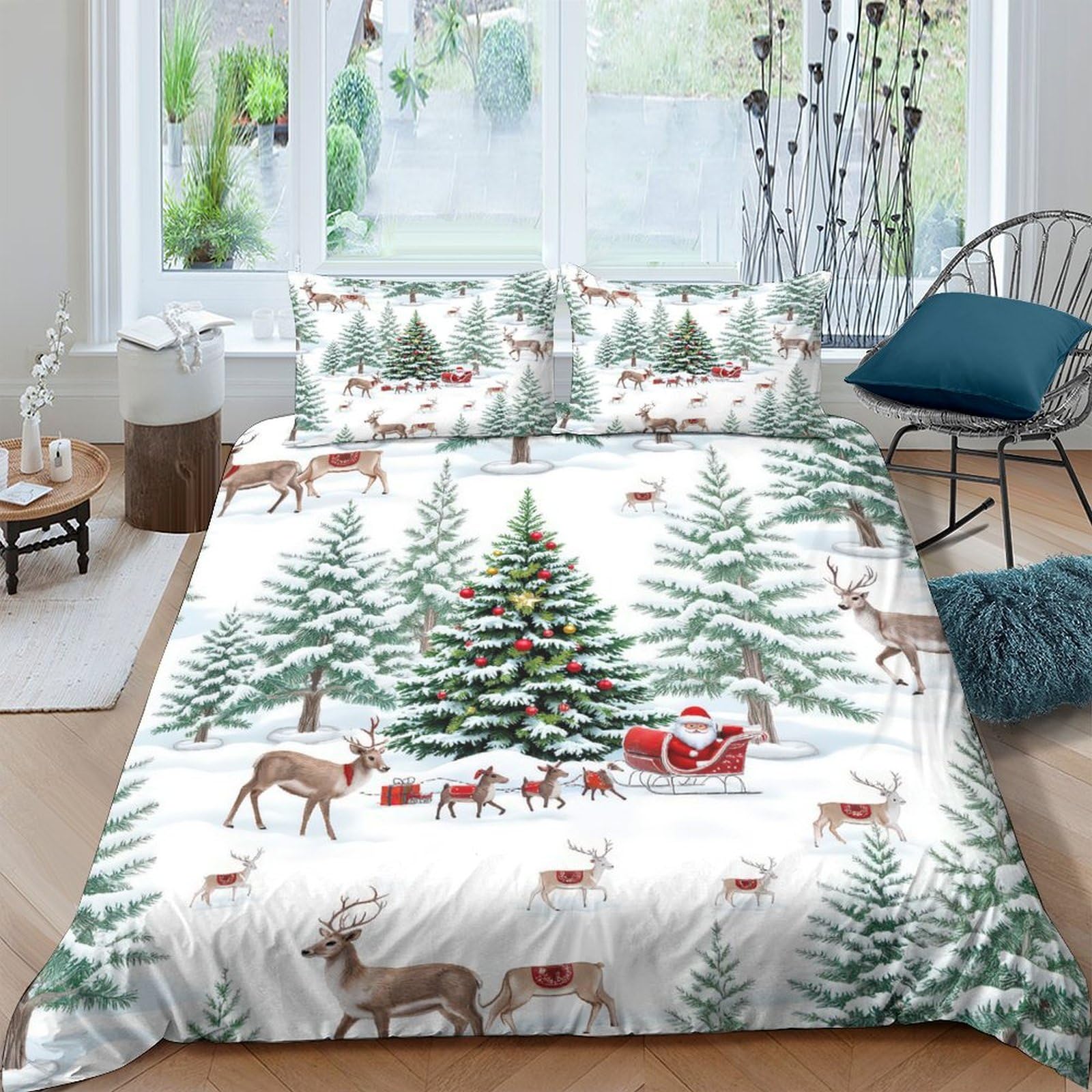 Ctjqhvkz Style-1 3D Printed Christmas Tree Fitted Sheet Microfiber Soft Breathable Reindeer Sleigh Bed Cover For Bedroom Dorm Mattress Decor Single（135X200cm）