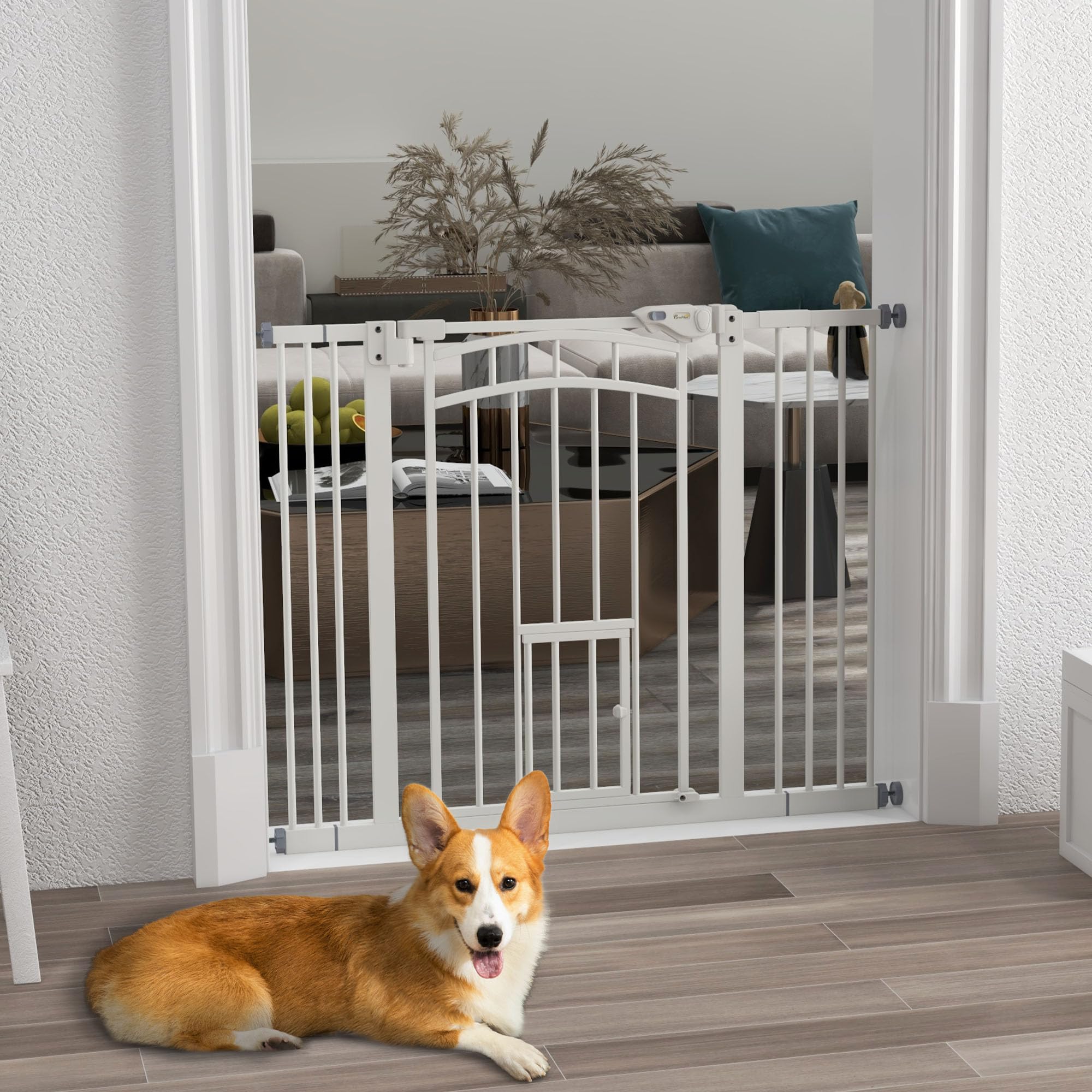PawHut Barrera de Seguridad para Perros Extensible 74-100 cm Blanco | Barrera para Perros, para Puertas y Escaleras, Montaje a Presión, Puerta Pequeña, Doble Bloqueo