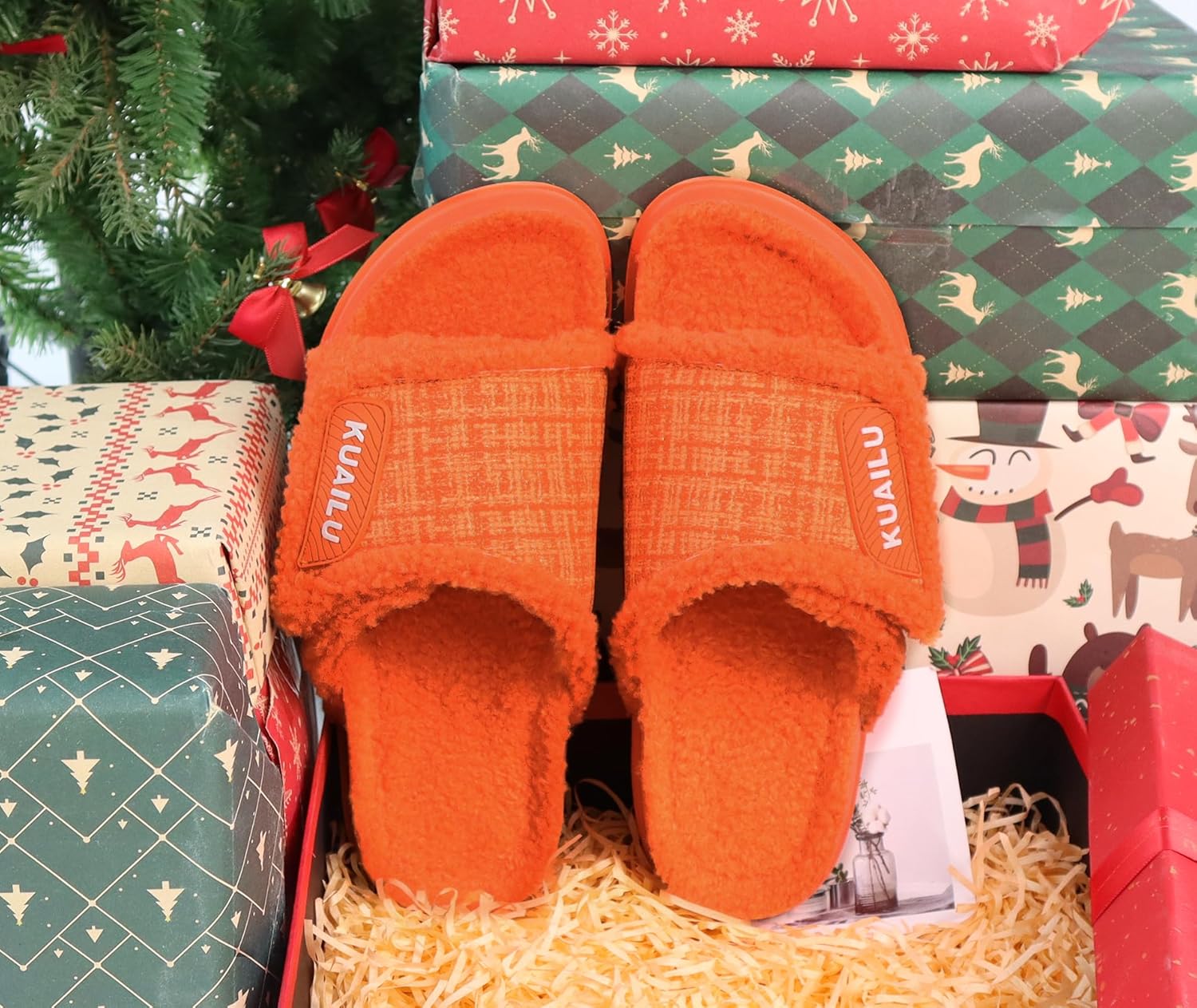 KuaiLu Cushion Slippers For Women with Orthotic Arch Support Wide Adjustable Open Toe Flatform Furry Fur Sandals Warm Teddy Fleece Recovery Slides Slip On House Shoes Indoor Outdoor, Orange US8 - Image 3