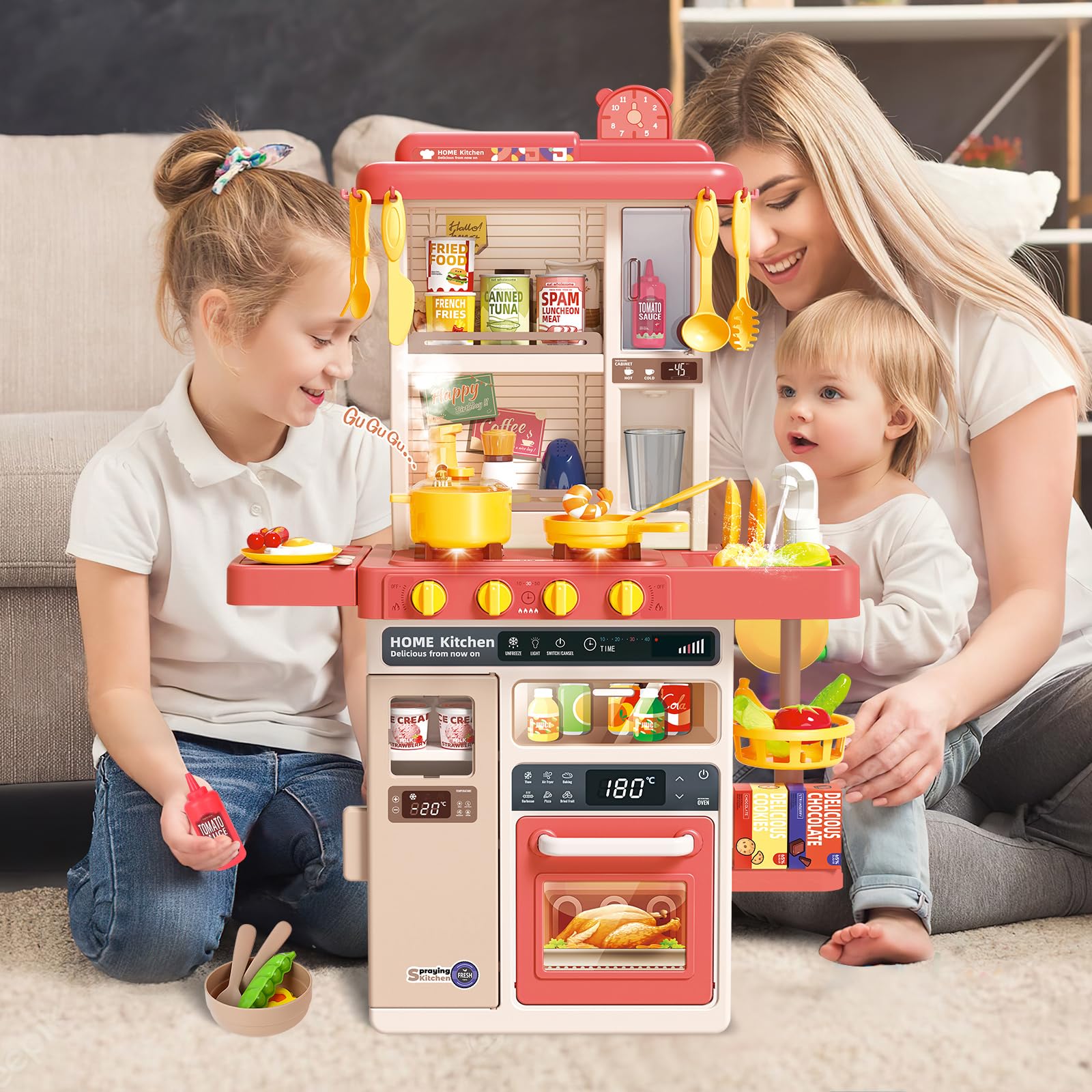 deAO Cuisine pour Enfants Interactive, 50PCS Accessoires Kitchen Toy | Rose | Avec Sons et Lumières, Comprenant Vaisselle, Aliments, évier, Four et plaques de Cuisson, kit de Cuisine, 78*50.5*20cm