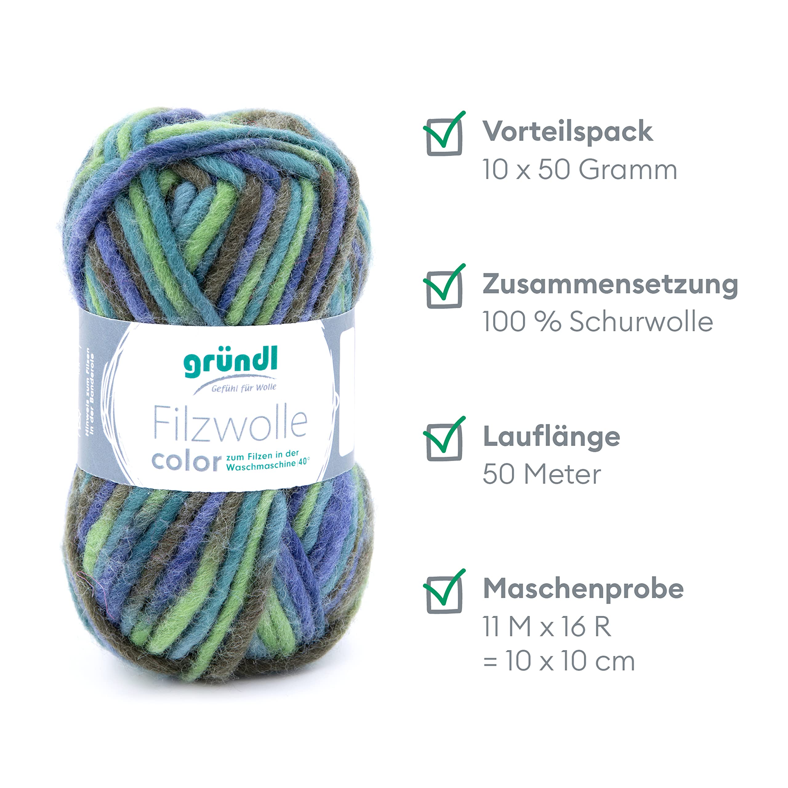 Gründl 2614/42 coloured felt wool value pack: 10 balls 50 g each, wool, aqua multicolor, 31 x 32 x 6 cm - Image 2