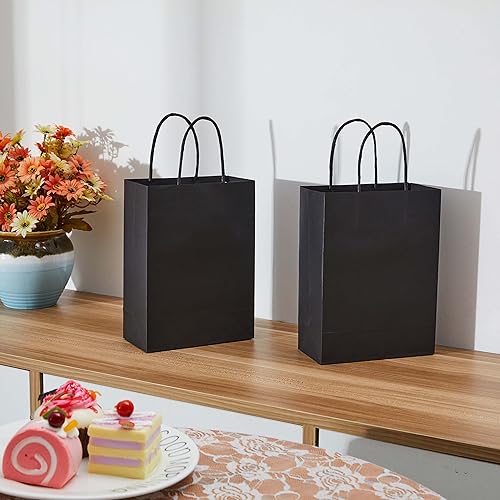 Miniatura 5 de SUNCOLOR Paquete de 24 bolsas de regalo pequeñas negras de 9 pulgadas con asa para Halloween, bolsas de recuerdo de fiesta, bolsas de regalos (negro)