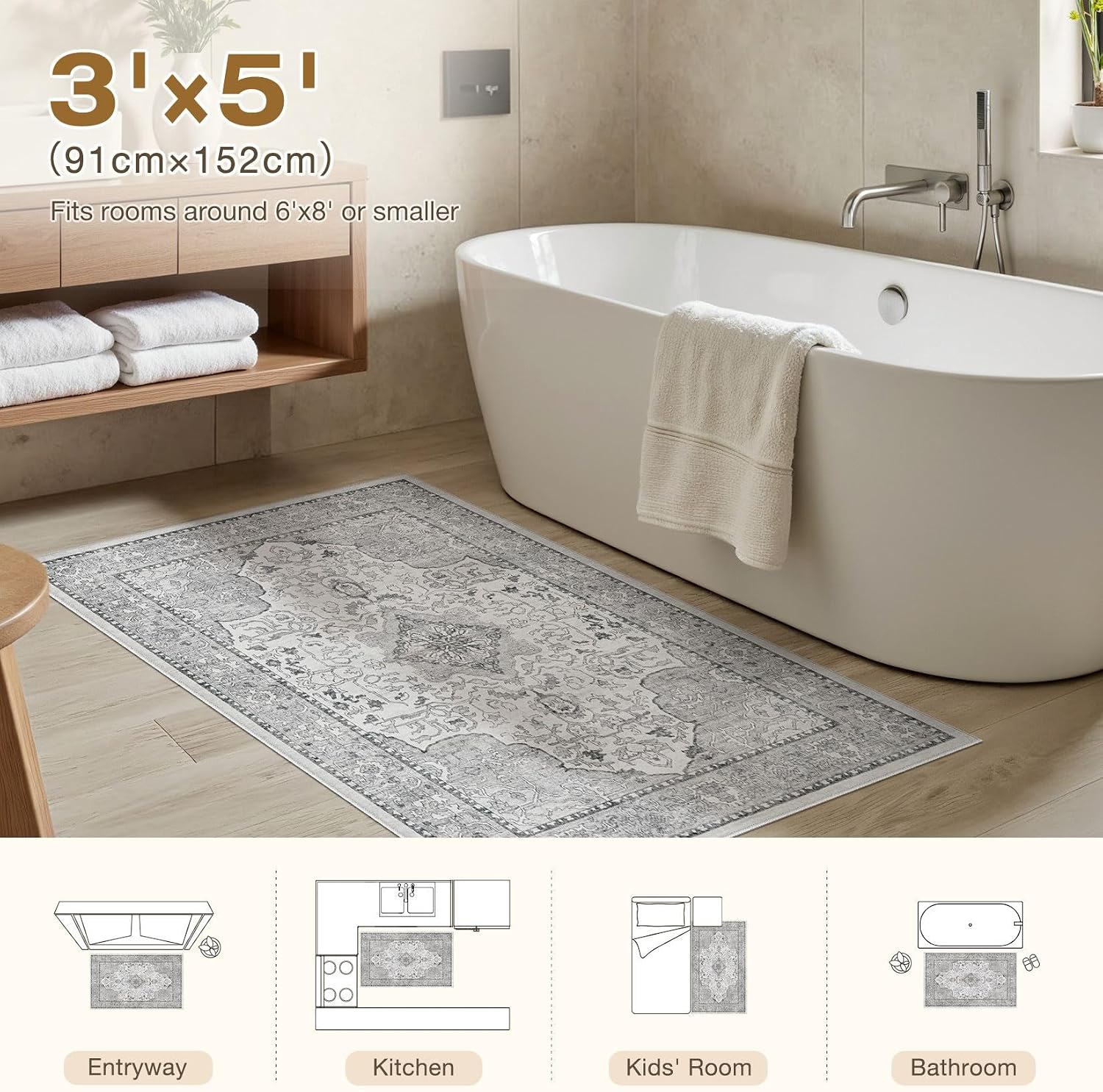 cotiled 3x5 Area Rugs Large Washable Rugs for Living Room Soft Non-Slip Backing Stain Resistant Carpet for Bedroom Dining Room Vintage Rugs for Home Decor 3x5 Grey