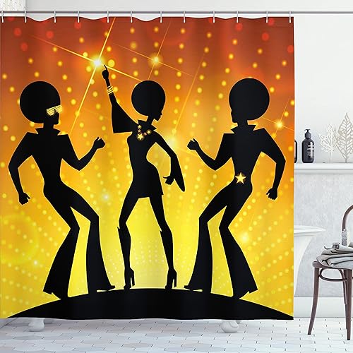 Ambesonne Cortina de ducha para fiesta de los años 70, bailando en discoteca con fondo bokeh estilo afro, juego de decoración de baño de tela con